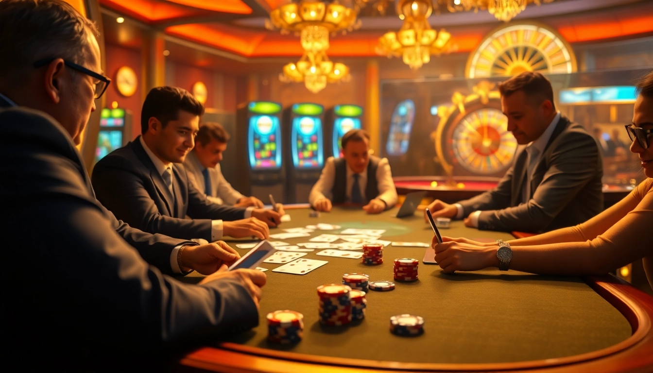 Players enjoying a thrilling kubet poker game at a luxurious casino table.