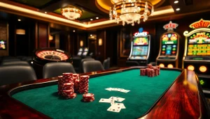 Experience the excitement of game go8 at a luxurious casino with vibrant poker tables and roulette wheels.