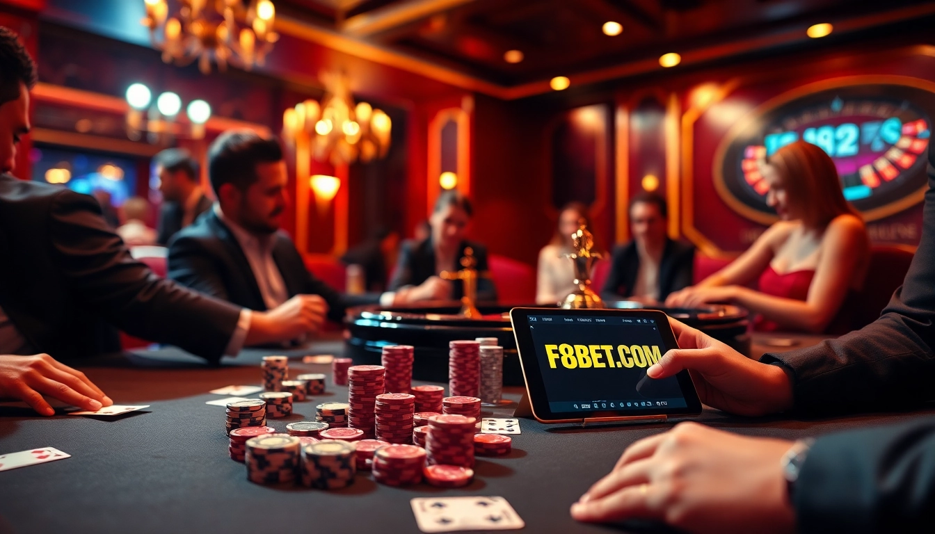 Experience thrilling poker gameplay at F8BET.COM with luxurious casino elements like high-end chips and cards.