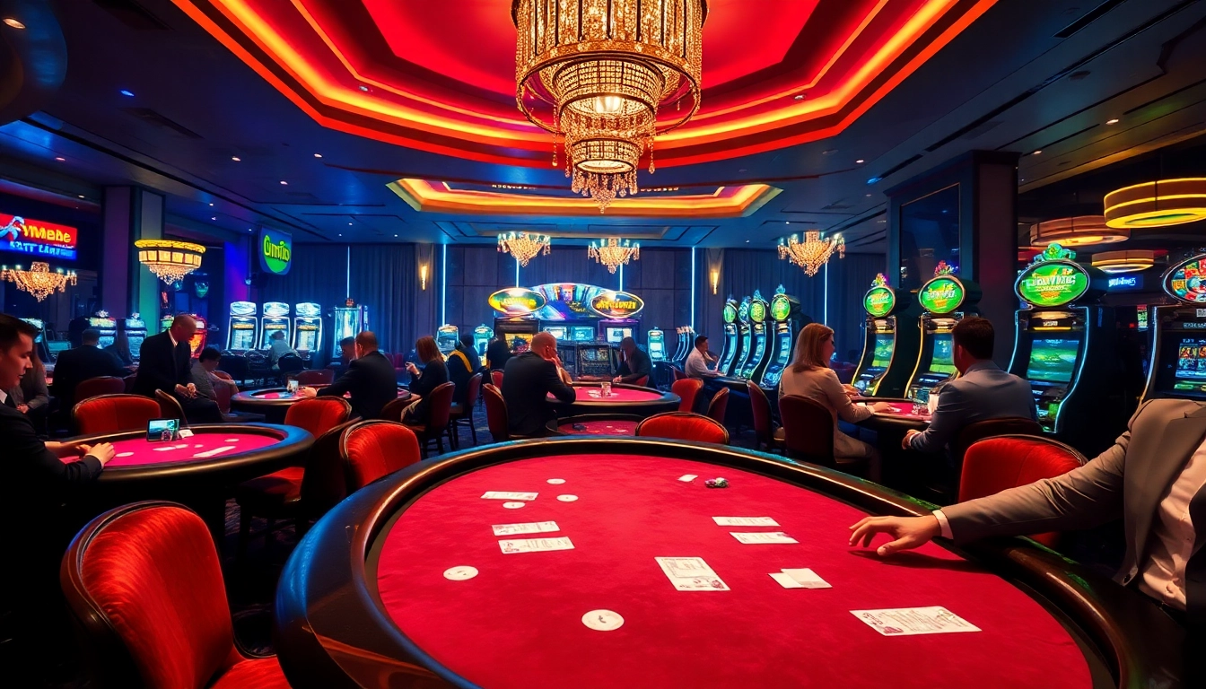 Experience mm88 excitement at a luxurious casino with poker tables and slot machines.