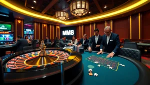 MM88 casino experience with vibrant roulette and poker games featuring professional dealers.