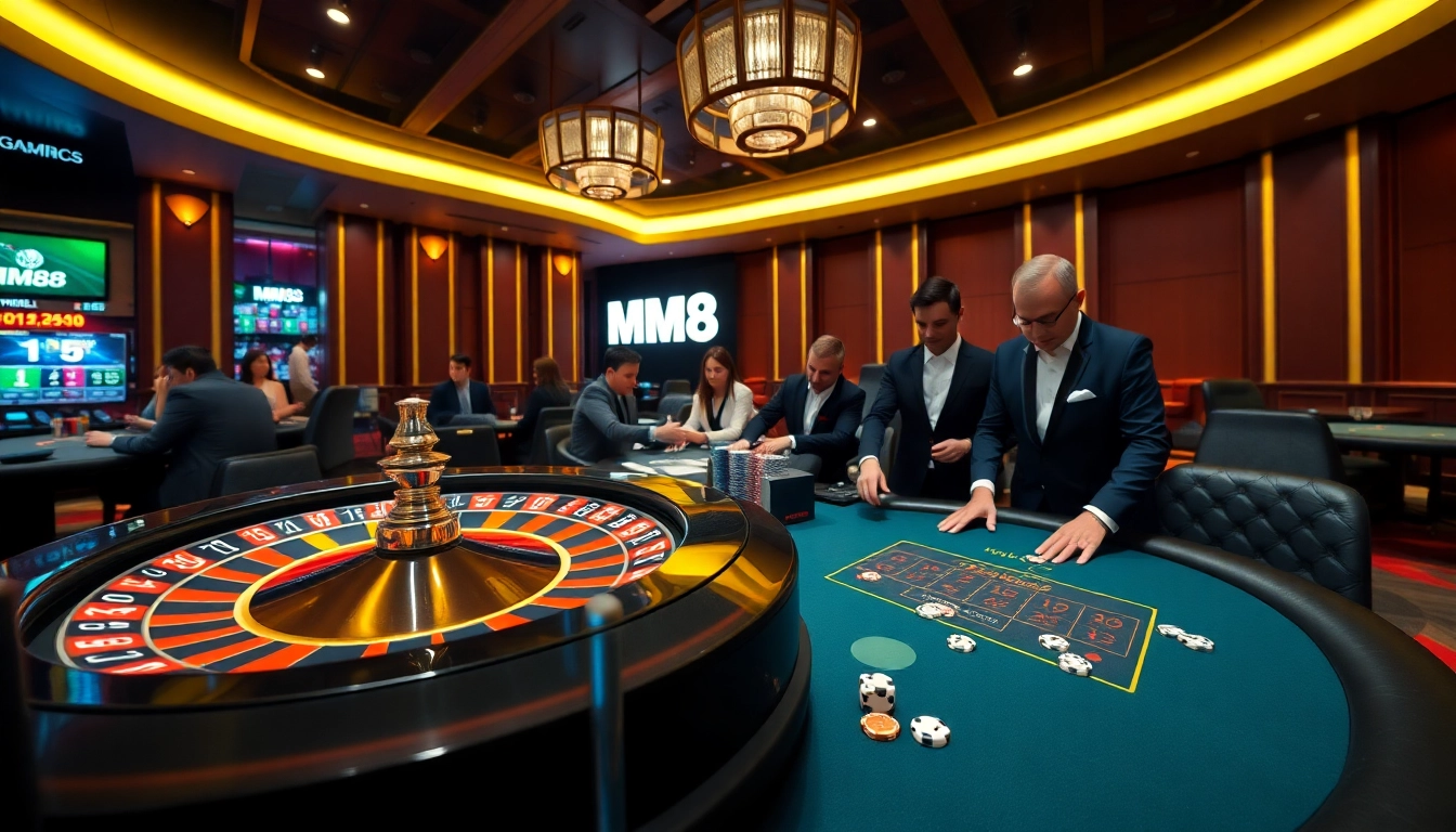 MM88 casino experience with vibrant roulette and poker games featuring professional dealers.
