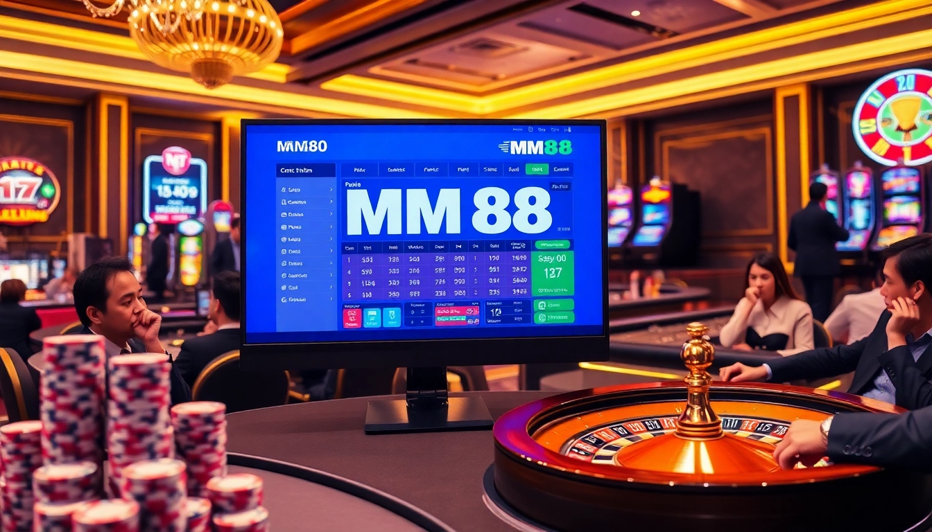 MM88 betting interface surrounded by poker chips and a roulette wheel in an elegant casino setting