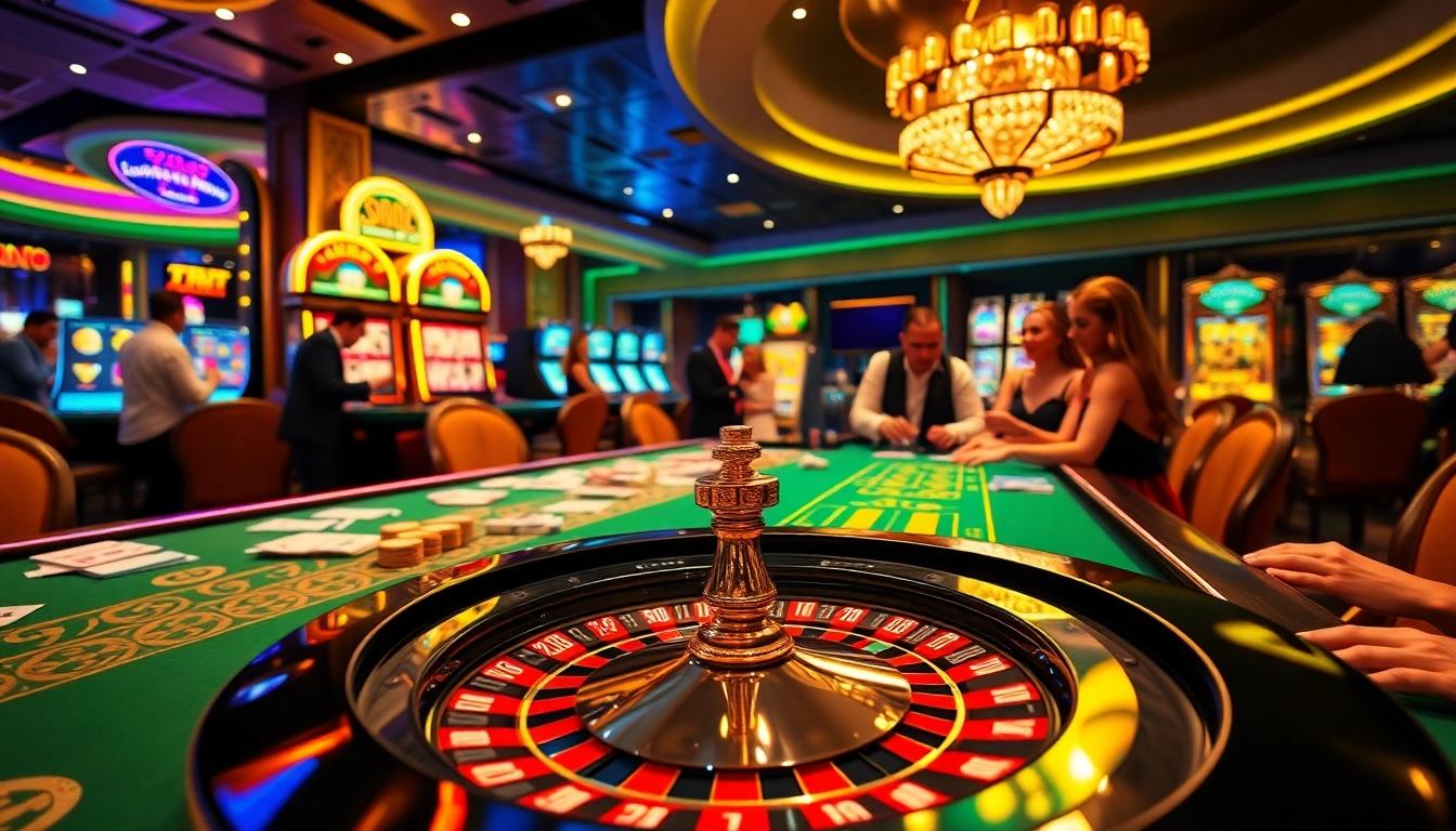 Experience the excitement at new88 with vibrant casino games around a stylish roulette table.