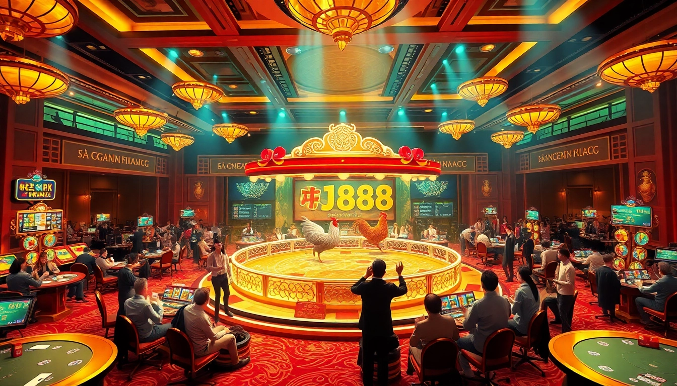 Action-packed scene featuring Đá Gà Thomo BJ888 with enthusiastic gamblers placing bets around a chicken fighting arena.