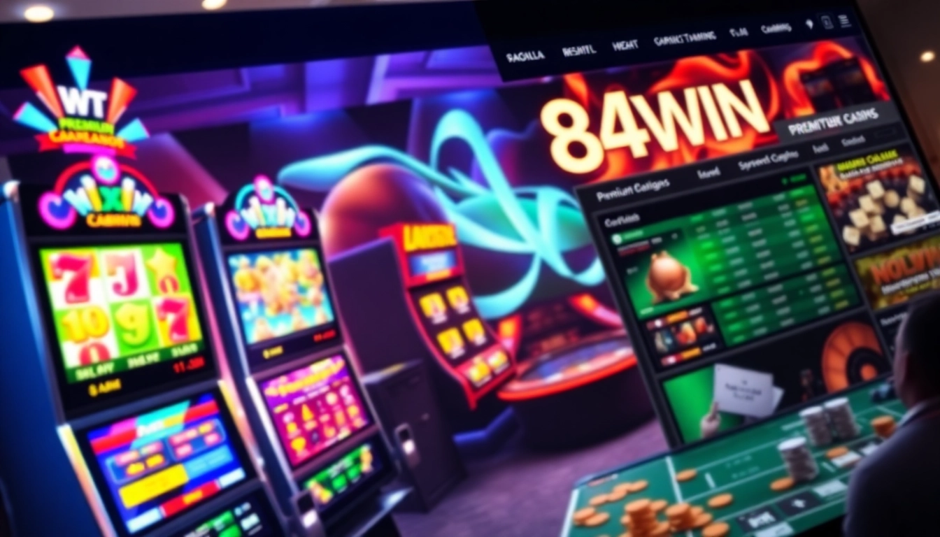 Experience the excitement of 84 win with vibrant gaming visuals, showcasing casino and sports betting.