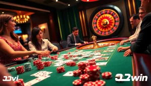 Experience the excitement of casino gaming with 32win's luxurious table setup featuring vibrant poker elements.