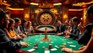 Players at MM 88 casino joyfully bet at a high-stakes poker table filled with vibrant chips and cards.