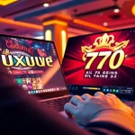 Menampilkan permainan luxury777 game yang menarik pada laptop modern di latar belakang kasino yang meriah.