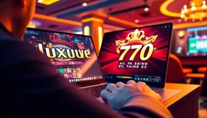 Menampilkan permainan luxury777 game yang menarik pada laptop modern di latar belakang kasino yang meriah.