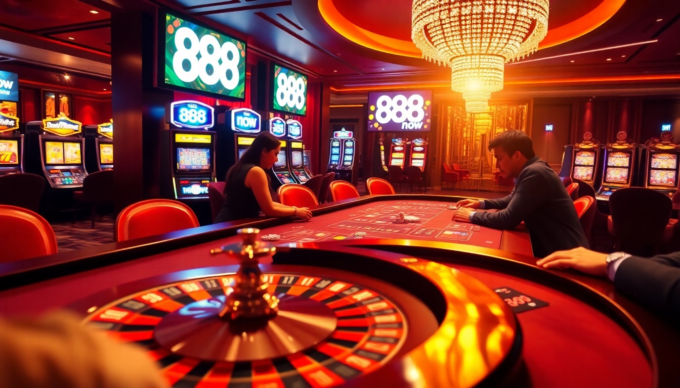 Exciting gambling scene featuring a roulette table with players at 888 now casino, emphasizing professionalism and luxury.