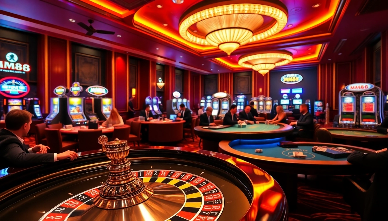 Experience the thrill of MM88 at a vibrant casino with roulette and poker tables.