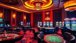 An exciting scene at 888VI casino showcasing players enjoying poker and vibrant slot machines.