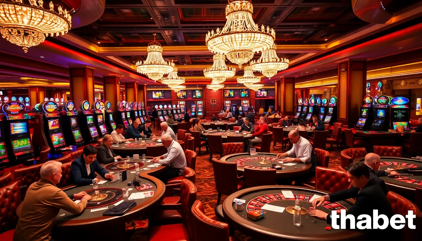 Experience the thrill of gaming with thabet at a luxurious casino, showcasing vibrant slot machines and elegant tables.
