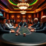 Intensely focused players at the XX88 poker table amidst a glamorous casino setting.