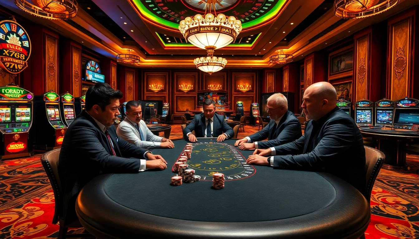 Intensely focused players at the XX88 poker table amidst a glamorous casino setting.