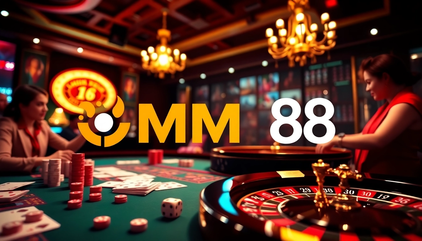 Experience thrilling gameplay at MM88 with vibrant poker chips and a roulette table.