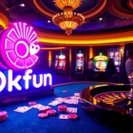 Cheerful gamblers winning at a vibrant Okfun casino table filled with poker chips and cards.