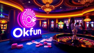 Cheerful gamblers winning at a vibrant Okfun casino table filled with poker chips and cards.