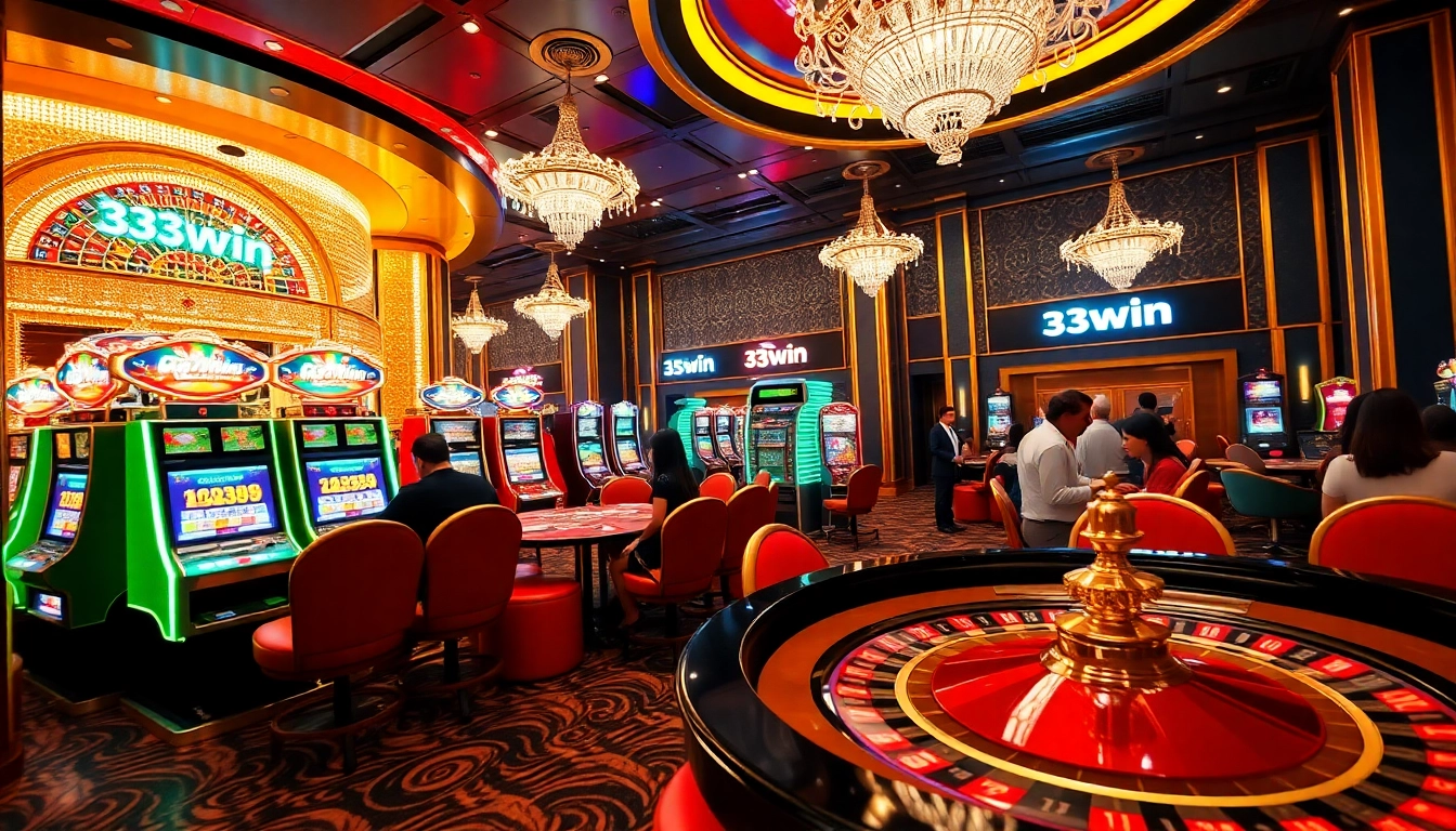 Experience the excitement of 33win with engaging casino scenes featuring vibrant slot machines and thrilling roulette tables.