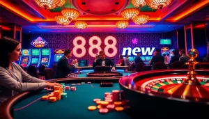 Players enjoying a thrilling game at 888 new casino table with vibrant slot machines.