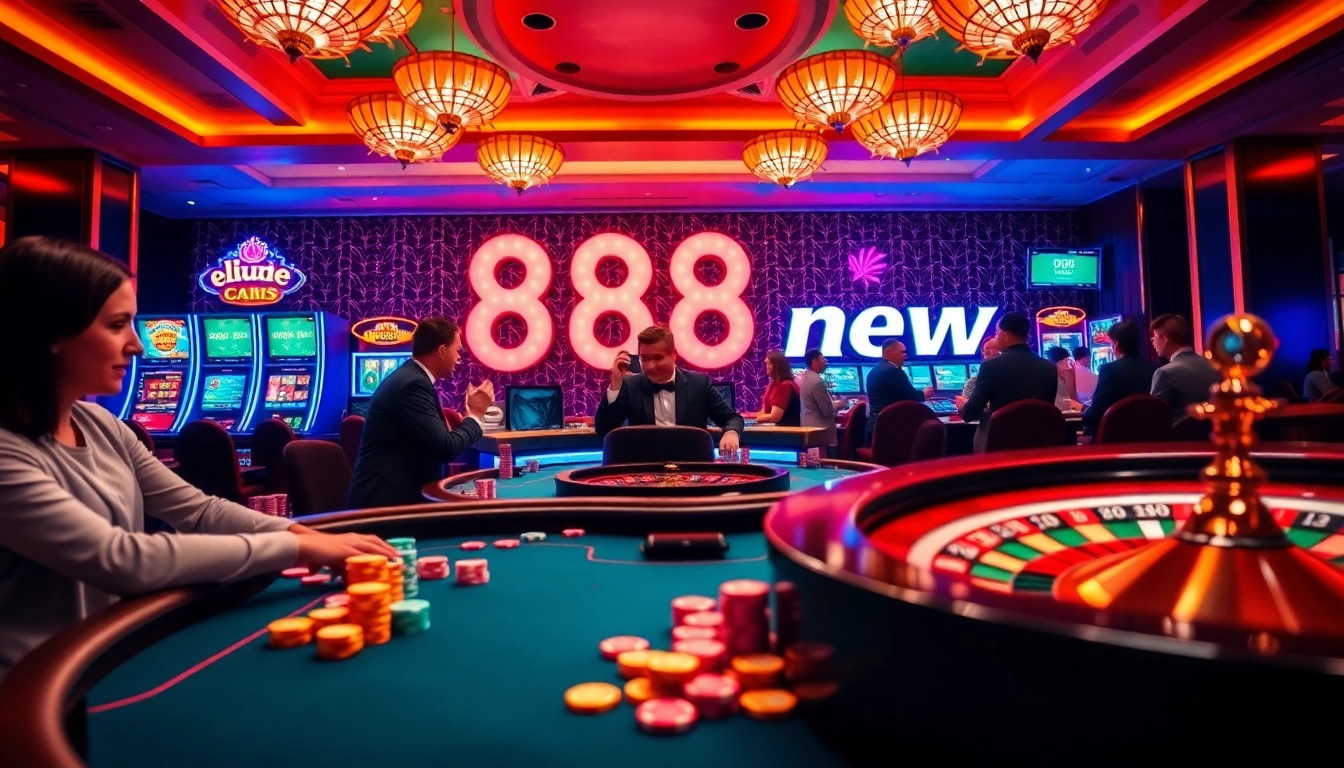 Players enjoying a thrilling game at 888 new casino table with vibrant slot machines.
