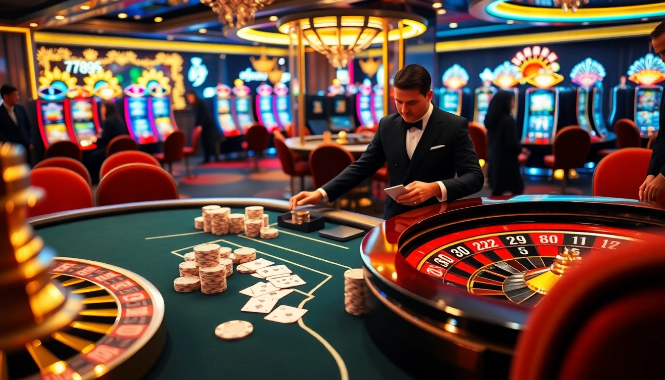 Engage in thrilling games at 789f.com with vibrant casino visuals featuring poker chips and slot machines.