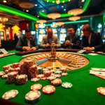 Experience the excitement of win55 at a vibrant casino scene with roulette, poker chips, and players.