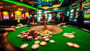 Experience the excitement of win55 at a vibrant casino scene with roulette, poker chips, and players.