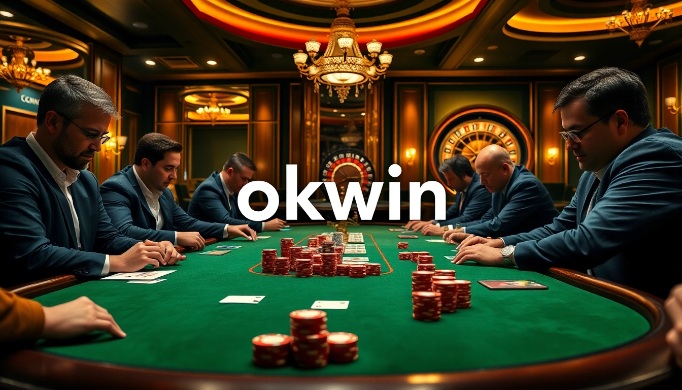 Players enjoying card games at an upscale okwin casino table with vibrant chips.