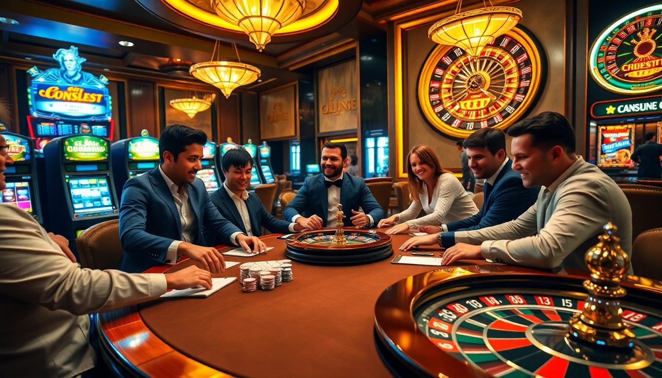 A vibrant poker game scene highlighting 98 win's thrilling atmosphere, showcasing players and chips in a luxurious casino.