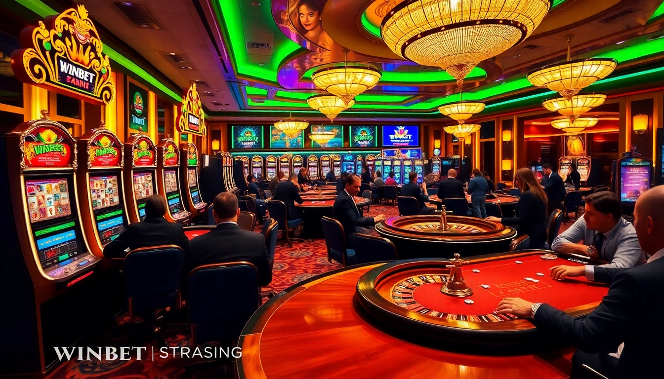 WINBET-themed casino scene with slot machines and poker tables showcasing excitement.