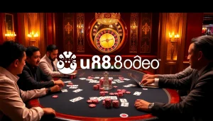 Engaged players enjoying poker at Jun88.rodeo's luxurious casino gaming table, showcasing excitement and strategic play.