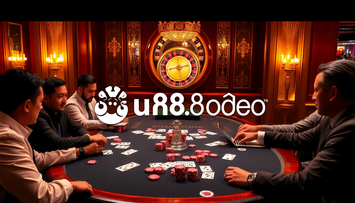 Engaged players enjoying poker at Jun88.rodeo's luxurious casino gaming table, showcasing excitement and strategic play.