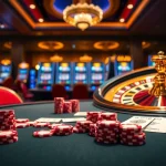 A vibrant casino scene featuring Kjc solutions poker table and roulette wheel, showcasing luxury and excitement.