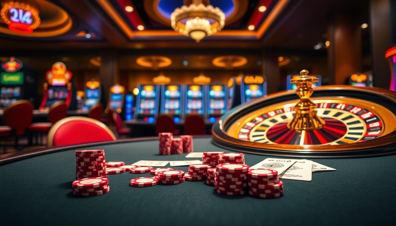 A vibrant casino scene featuring Kjc solutions poker table and roulette wheel, showcasing luxury and excitement.