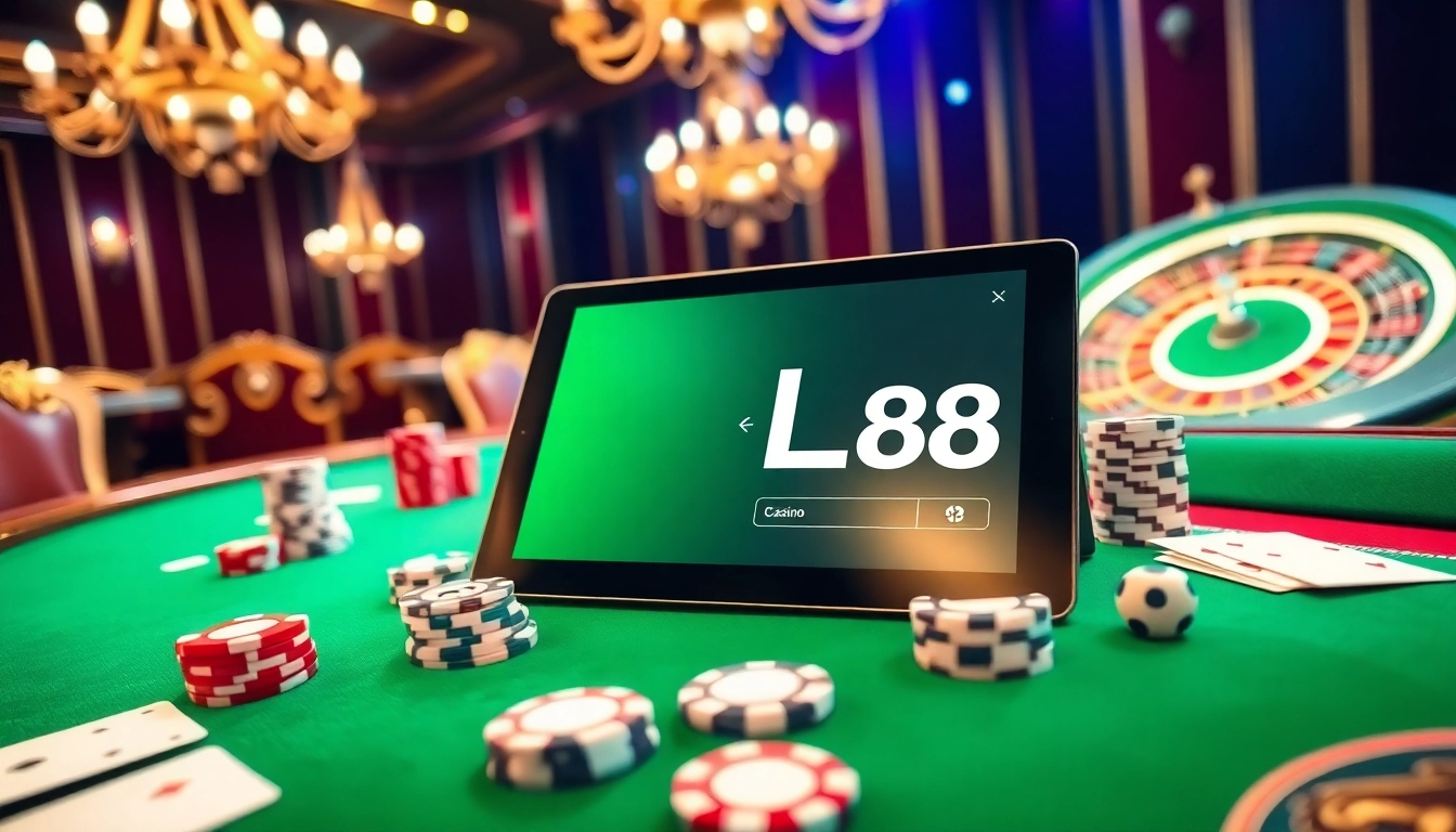 Engaging table game scene featuring LC88 online gambling interface with vibrant poker chips.