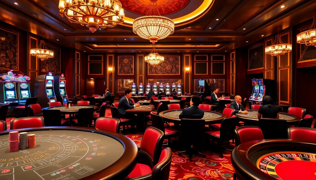 KJC players enjoying intense games at a vibrant casino table with poker chips and cards.