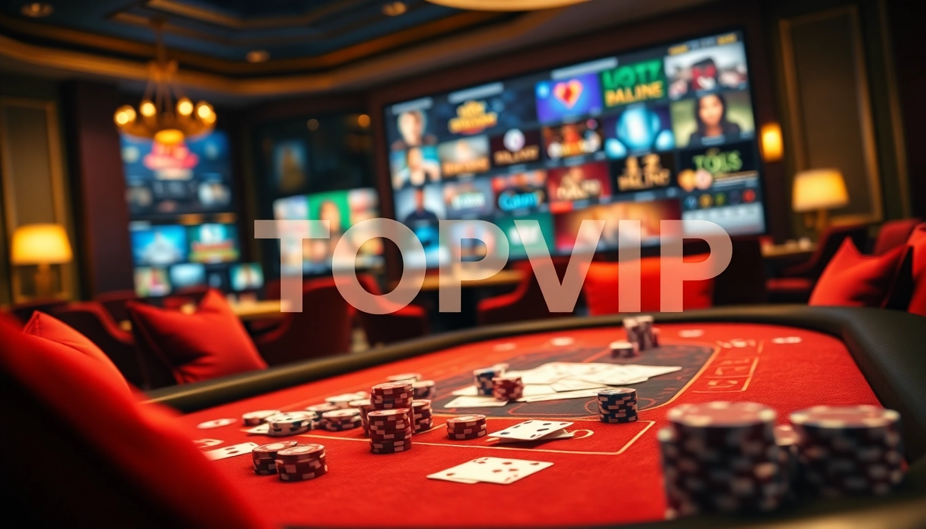 TOPVIP casino scene with vibrant cards and poker chips showcasing excitement in online gambling