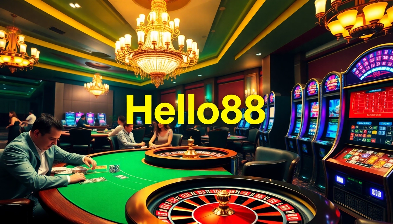 Exciting casino gaming scene featuring Hello88 with poker tables and roulette wheels.