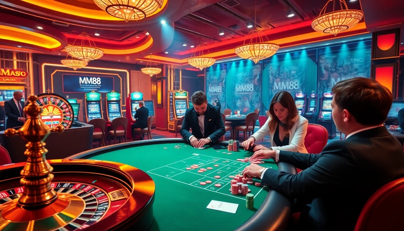 Excited players betting at the MM88 casino tables in a luxurious atmosphere.