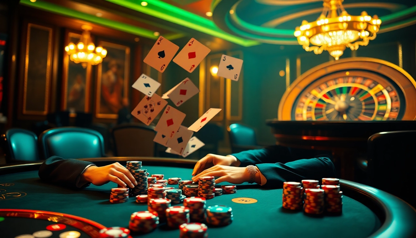 Exciting casino ambiance showcasing nhà cái KING88 with a luxurious poker table and vibrant elements.