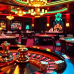 Experience the thrill of nhà cái c168 with casino tables, roulette wheels, and poker chips in a vibrant setting.