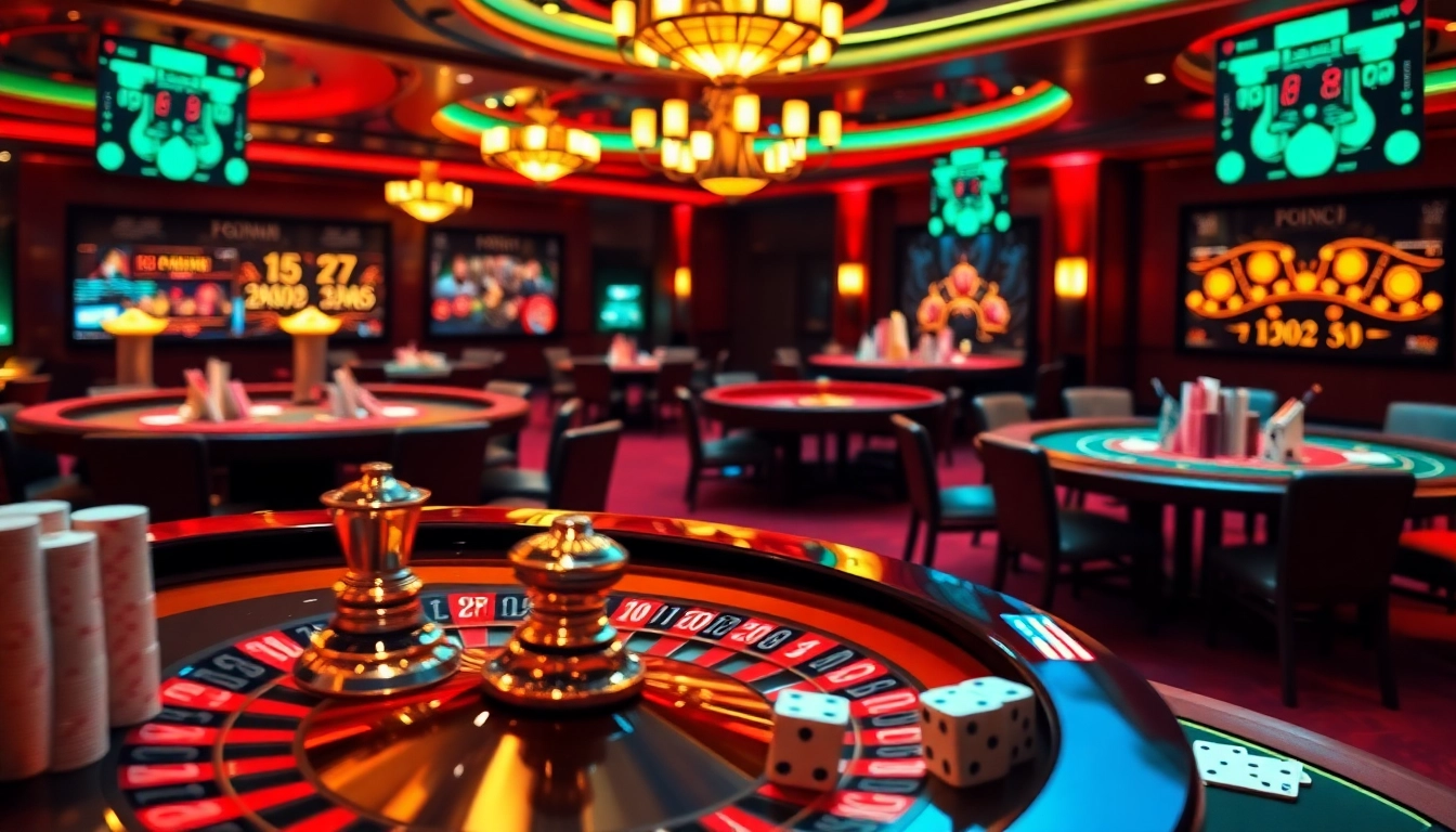 Experience the thrill of nhà cái c168 with casino tables, roulette wheels, and poker chips in a vibrant setting.