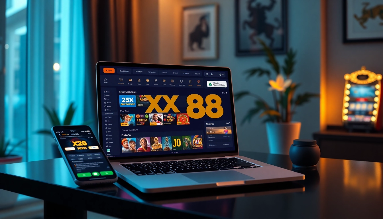XX88 HOW online betting platform with a sleek interface showcasing sports and casino games in a modern office setting.