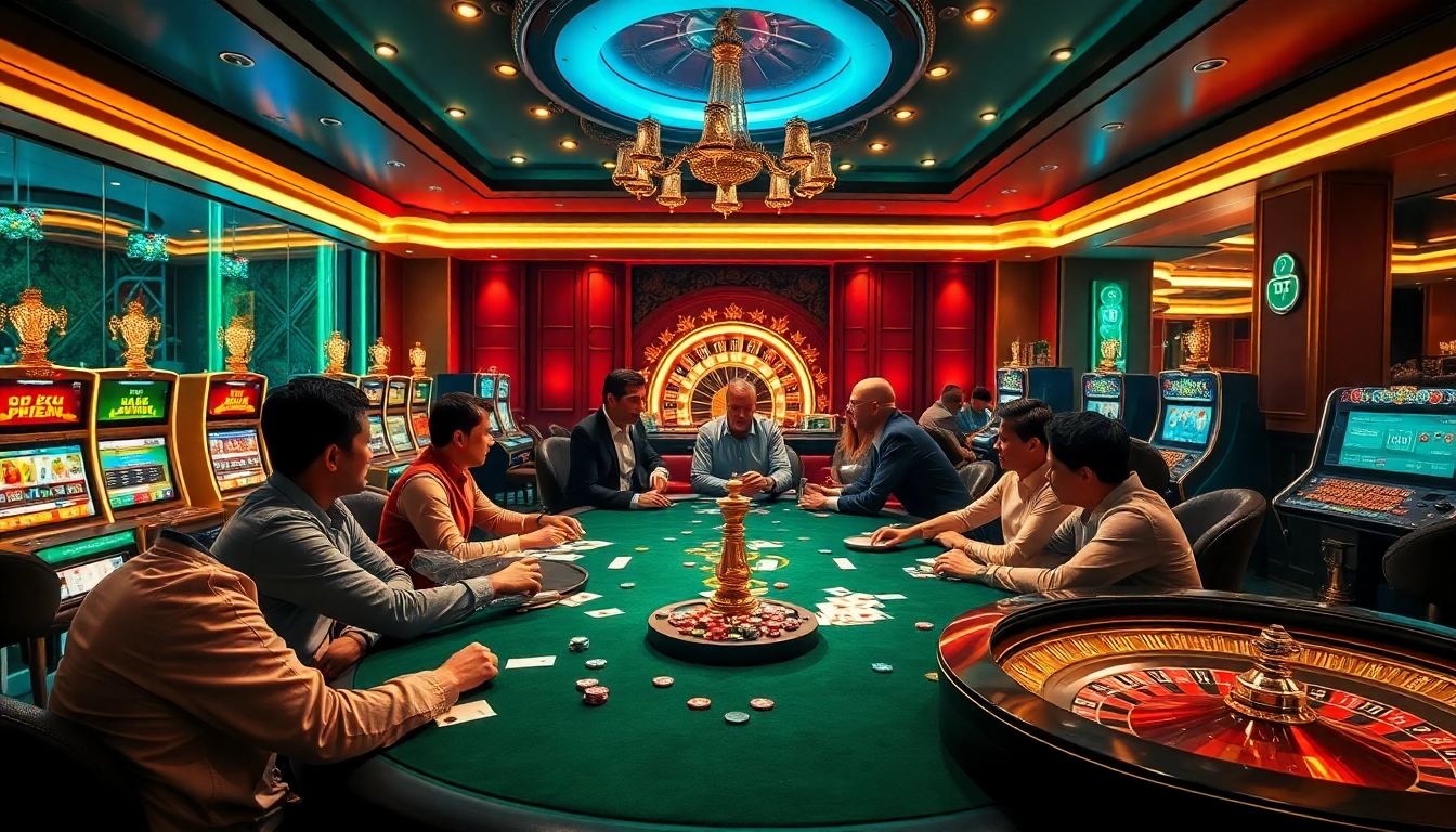 The thrilling atmosphere of the poker game at https://622bett.com.br/ showcasing diverse players, colorful chips, and vibrant casino lights.