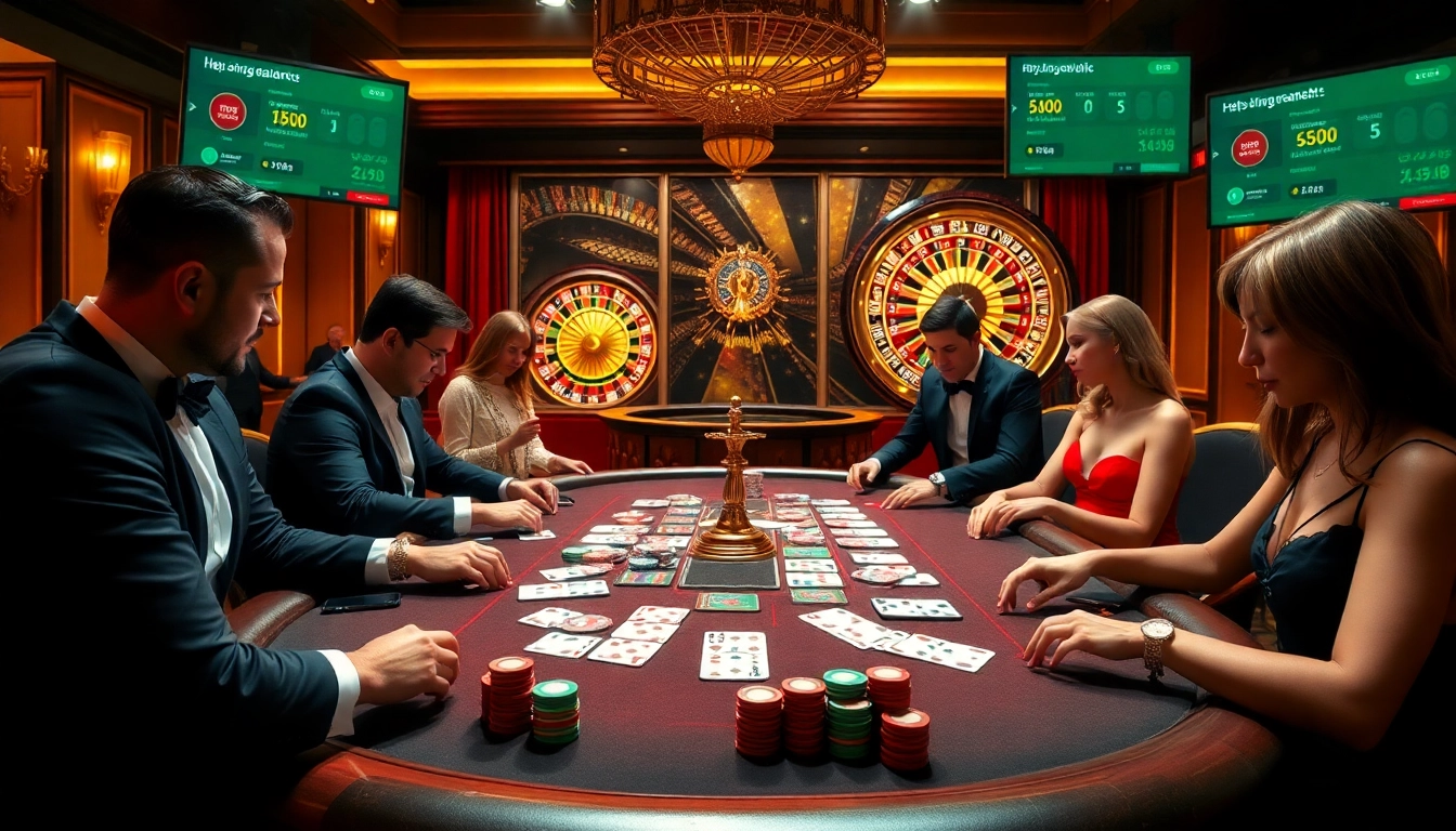 Gameplay at the poker table featuring vibrant chips and cards from https://go8s.bio/ amidst a luxurious casino setting.