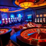Exciting gambling experience at Trang chủ 32Win with roulette, poker table, and vibrant slot machines.