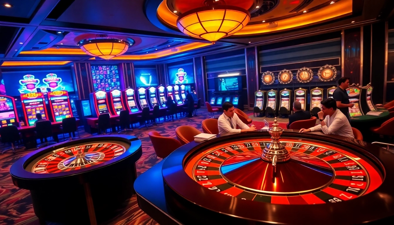 Exciting gambling experience at Trang chủ 32Win with roulette, poker table, and vibrant slot machines.