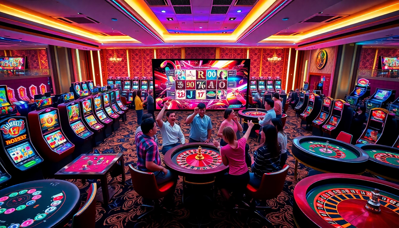 Engaging gamblers enjoying the festive atmosphere at LC88 casino with vibrant slot machines.